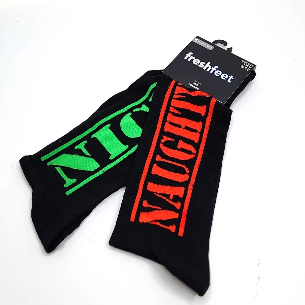 CHRISTMAS FRESH FEET, NAUGHTY & NICE BLACK SOCKS WITH RED & GREEN WRITING